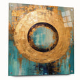 Abstract wall art featuring vibrant strokes in hues of blue, pink, and gold, displayed in a sleek acrylic frame, highlighting its modern design and artistic flair.