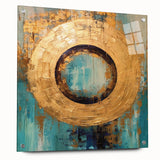 Abstract wall art featuring vibrant strokes in hues of blue, pink, and gold, displayed in a sleek acrylic frame, highlighting its modern design and artistic flair.