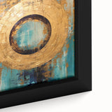 Close-up of framed abstract strokes wall art featuring vibrant colors of blue, pink, and gold, showcasing a modern design ideal for home decor enhancement.