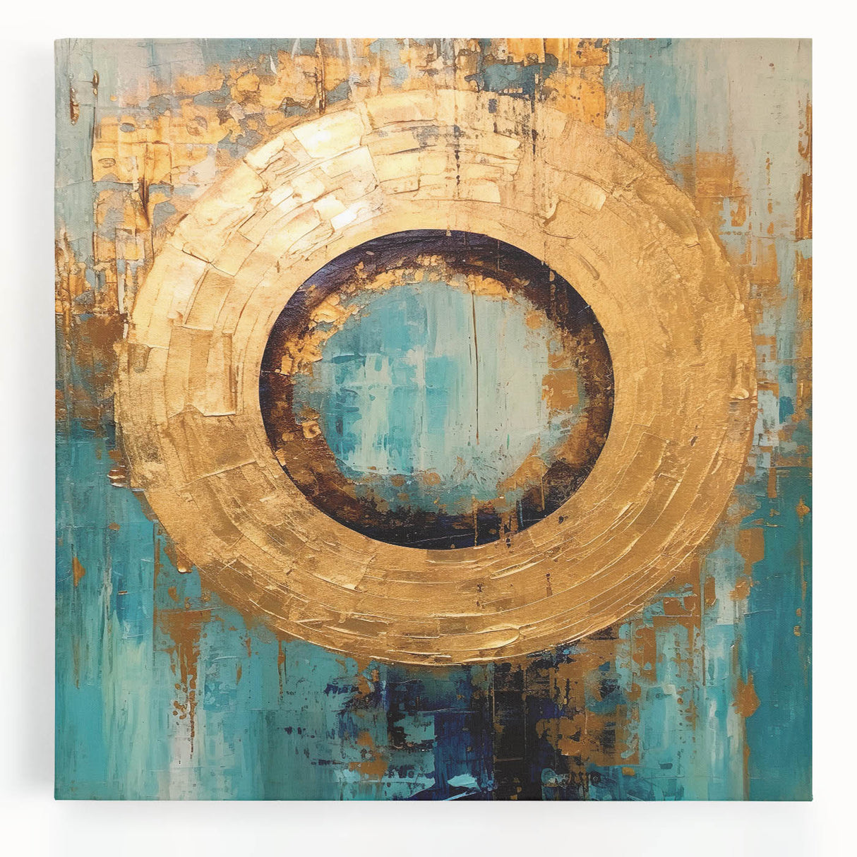 Abstract wall art design featuring vibrant strokes in blue, orange, and green hues on a stretched canvas, perfect for modern home decor and artistic expression.