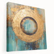 Abstract wall art featuring colorful strokes in shades of blue, orange, and yellow on stretched canvas, displayed in a side view to showcase its depth and texture. Perfect for modern interior decor.