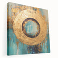 Abstract wall art featuring colorful strokes in shades of blue, orange, and yellow on stretched canvas, displayed in a side view to showcase its depth and texture. Perfect for modern interior decor.