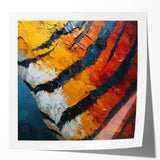 Abstract wall art print showcasing vibrant strokes of blue, orange, and yellow on glossy canvas, ideal for modern home decor or artistic displays.