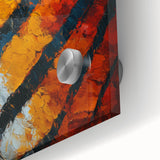 Abstract acrylic strokes in vibrant hues of blue, orange, and yellow create a dynamic, textured glass surface, perfect for modern home decor. Ideal for artistic interiors.