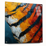 Abstract acrylic wall art featuring colorful strokes in a dynamic composition, displayed in a modern glass frame with visible mounting pins, ideal for contemporary decor.