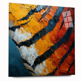 Abstract acrylic glass artwork featuring vibrant strokes in shades of blue, orange, and yellow. The piece showcases a modern design suitable for contemporary decor, viewed from the side without pins. Ideal for enhancing living spaces or office environments.