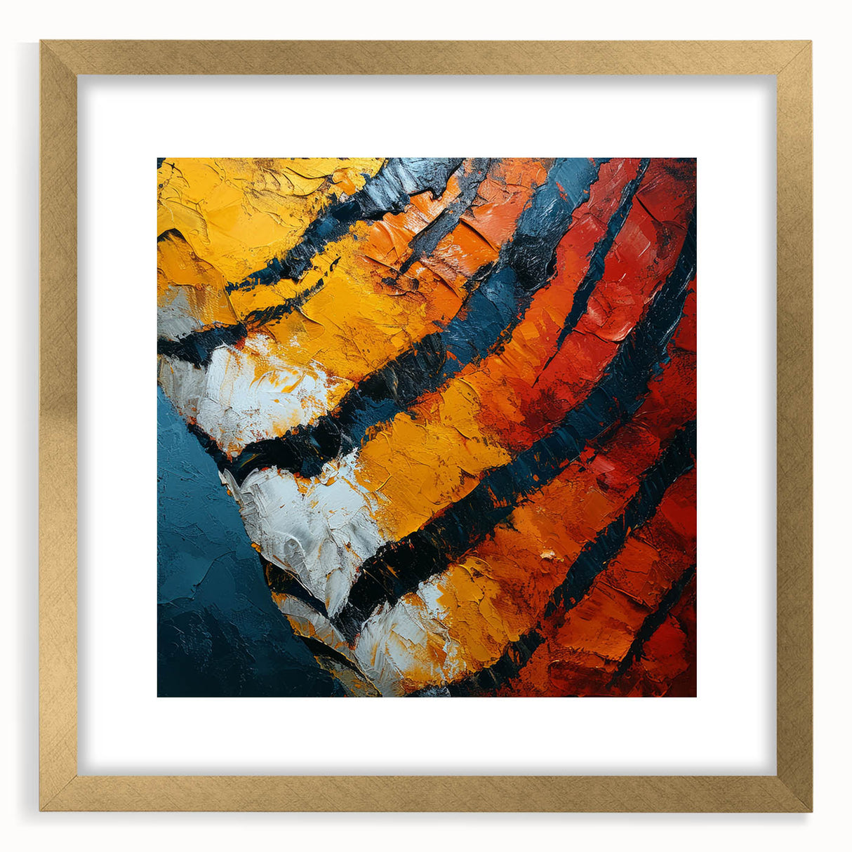 Abstract strokes frame featuring a gold mat and elegant design, showcasing a modern artistic style perfect for contemporary home decor. The frame’s sleek lines and warm tones create a sophisticated focal point for any room.