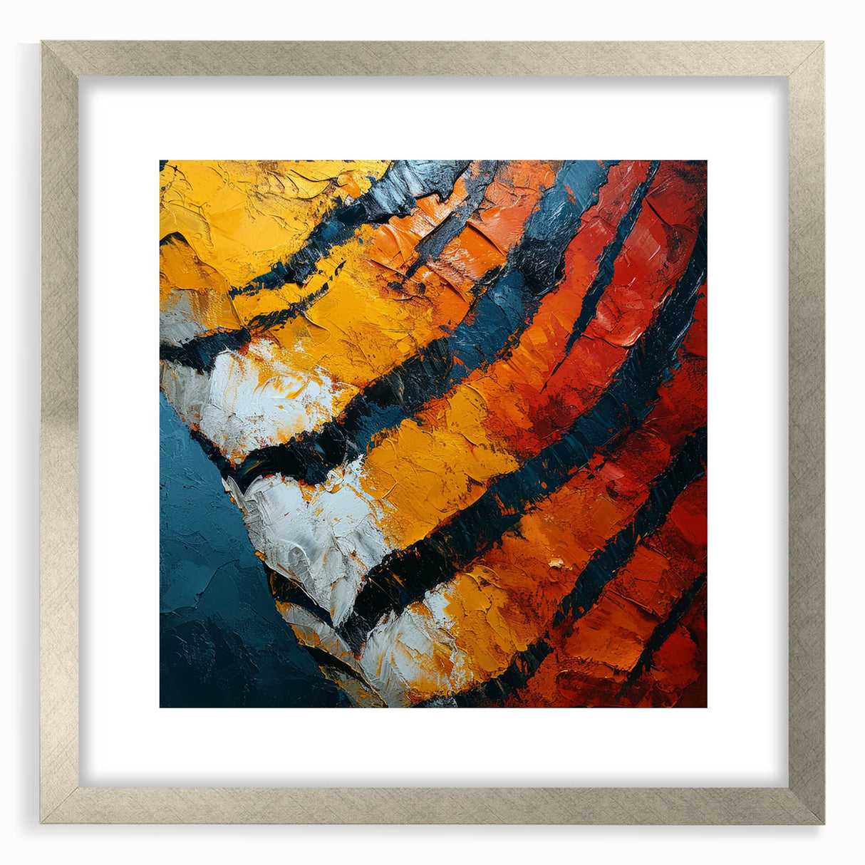 Abstract strokes frame with a silver mat, showcasing modern artistic design elements. Ideal for contemporary home decor or gallery displays, enhancing any space's aesthetic.