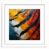 Abstract strokes in a white frame with a mat, showcasing vibrant colors and dynamic patterns, perfect for contemporary home decor and artistic displays.