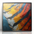 Framed acrylic artwork showcasing abstract strokes in vibrant colors on a sleek black background, perfect for modern home decor and artistic ambiance.
