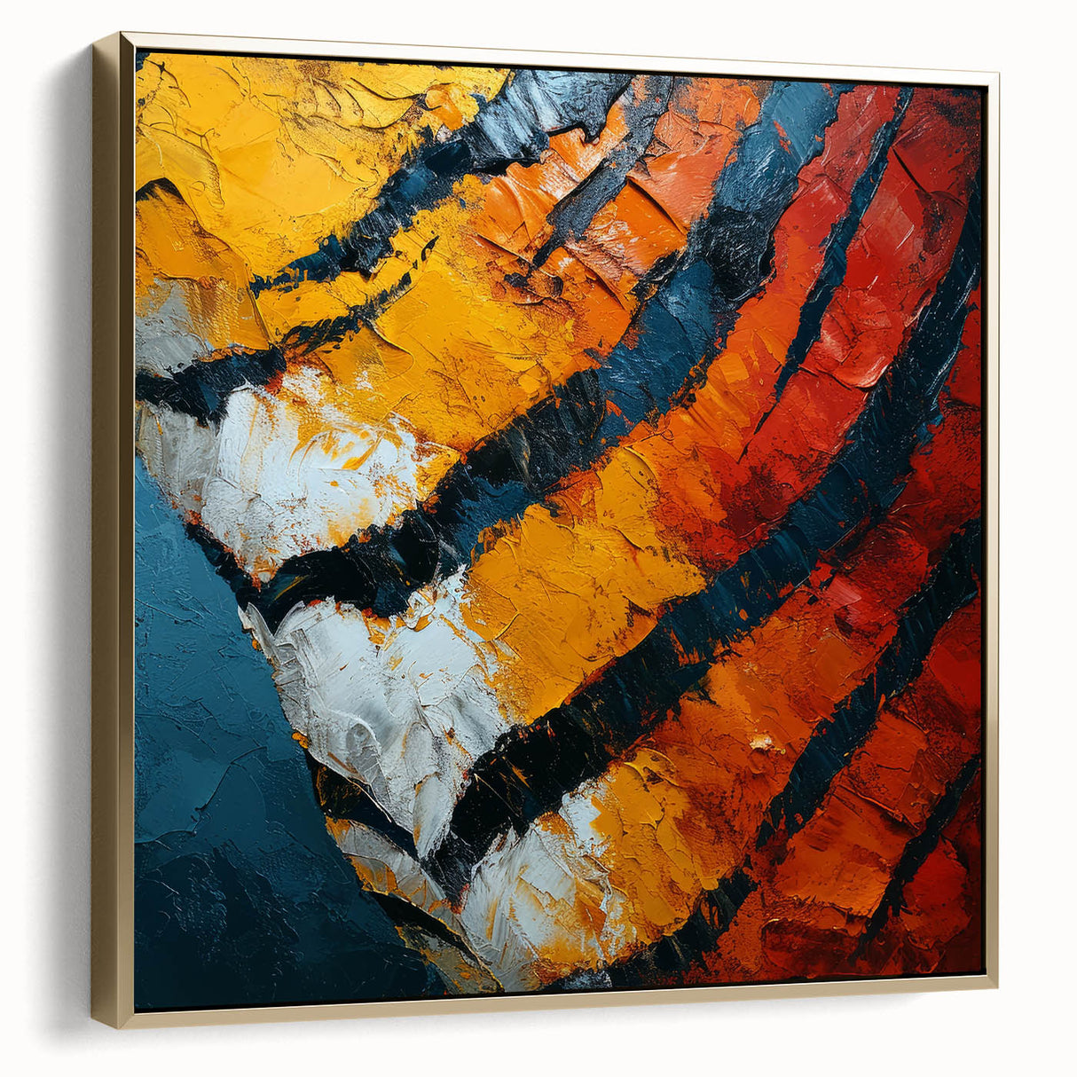 Framed abstract canvas art featuring dynamic silver and gold strokes on a textured background, perfect for modern home decor and elegant wall displays.