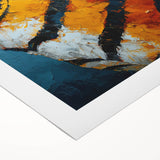 Abstract canvas art print showcasing vibrant, swirling strokes in shades of blue, orange, and yellow, ideal for modern home decor or office spaces. The rolled canvas is presented in a protective tube, ensuring safe delivery.