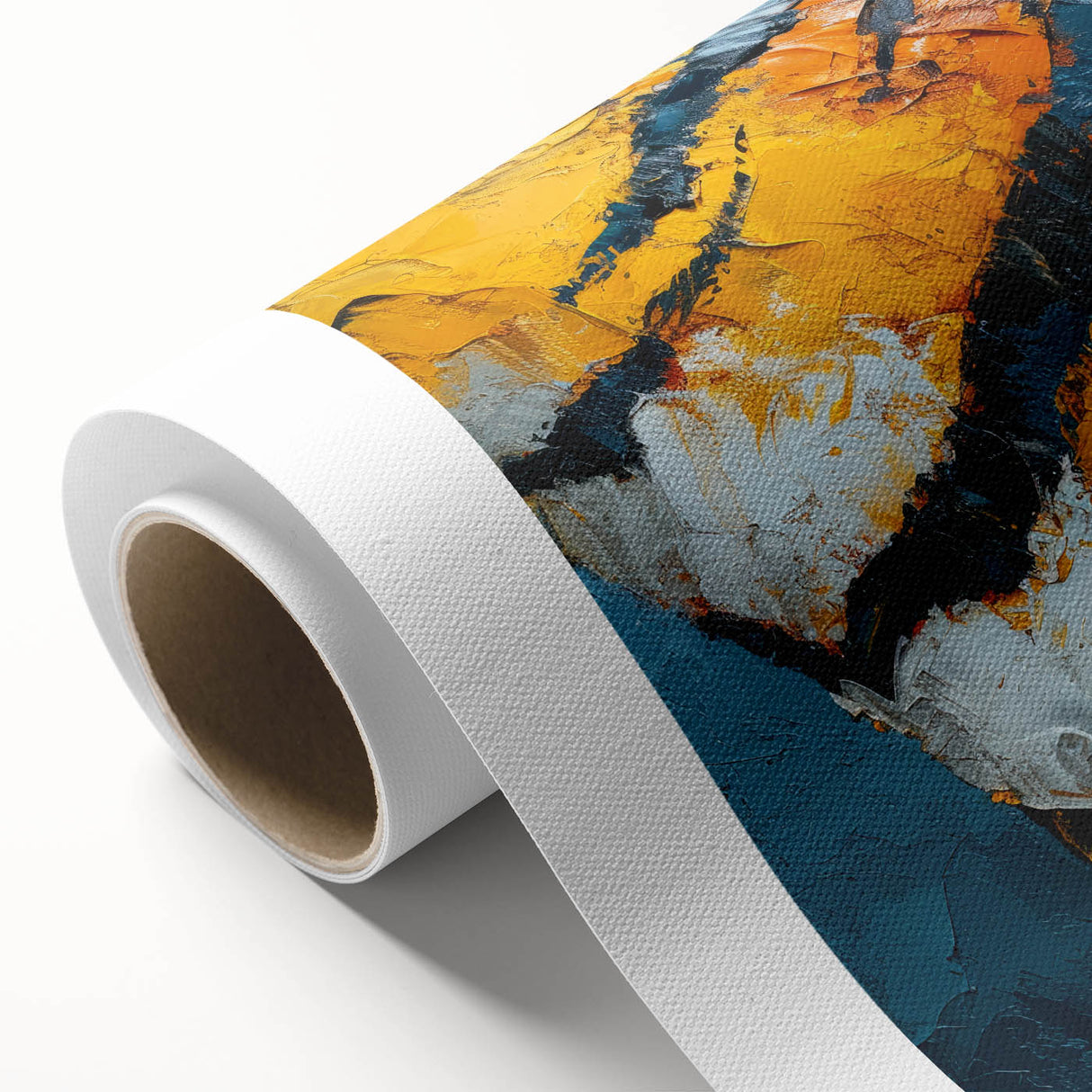 Abstract wall art canvas featuring colorful strokes in vibrant hues of blue, orange, and yellow, rolled and ready for display, ideal for modern decor.