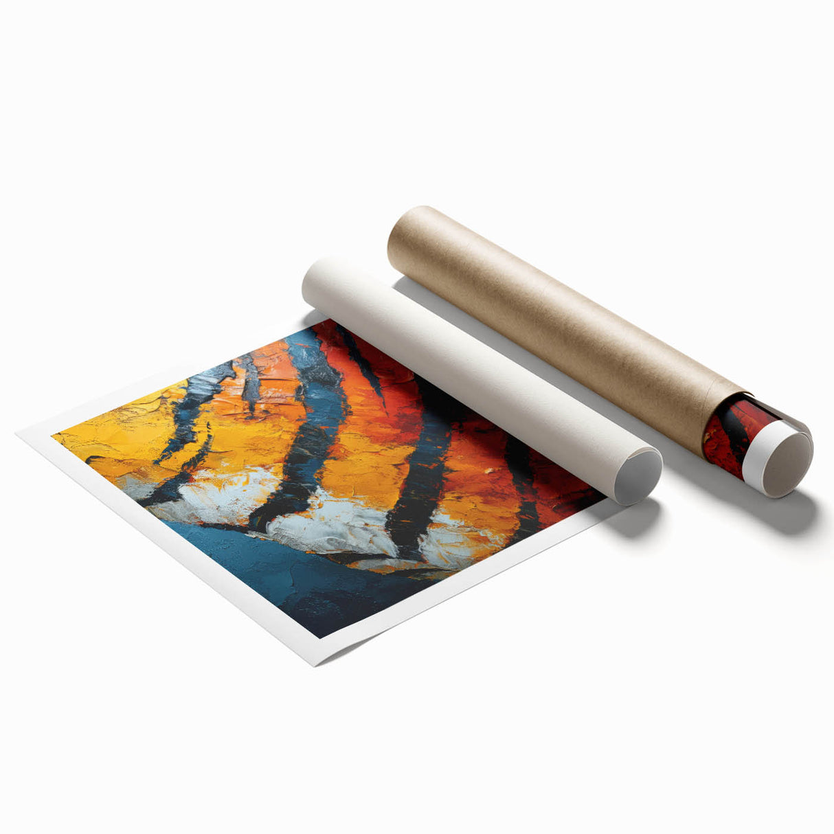 Abstract strokes canvas print showcasing vibrant colors of blue, pink, and yellow, rolled up for easy shipping, ideal for modern home decor and artistic display.