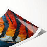 Abstract art print featuring vibrant, flowing strokes in shades of blue, orange, and green, ideal for modern home decor. This rolled canvas design is perfect for adding a dynamic touch to living spaces.