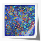 Abstract art print showcasing vibrant strokes in bold colors, featuring a glossy finish, ideal for modern home decor. Perfectly displayed in a sleek frame, enhancing contemporary aesthetics.