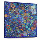 Abstract acrylic glass artwork showcasing vibrant strokes in hues of blue, orange, and yellow, viewed from the side and secured with pins, perfect for modern decor.
