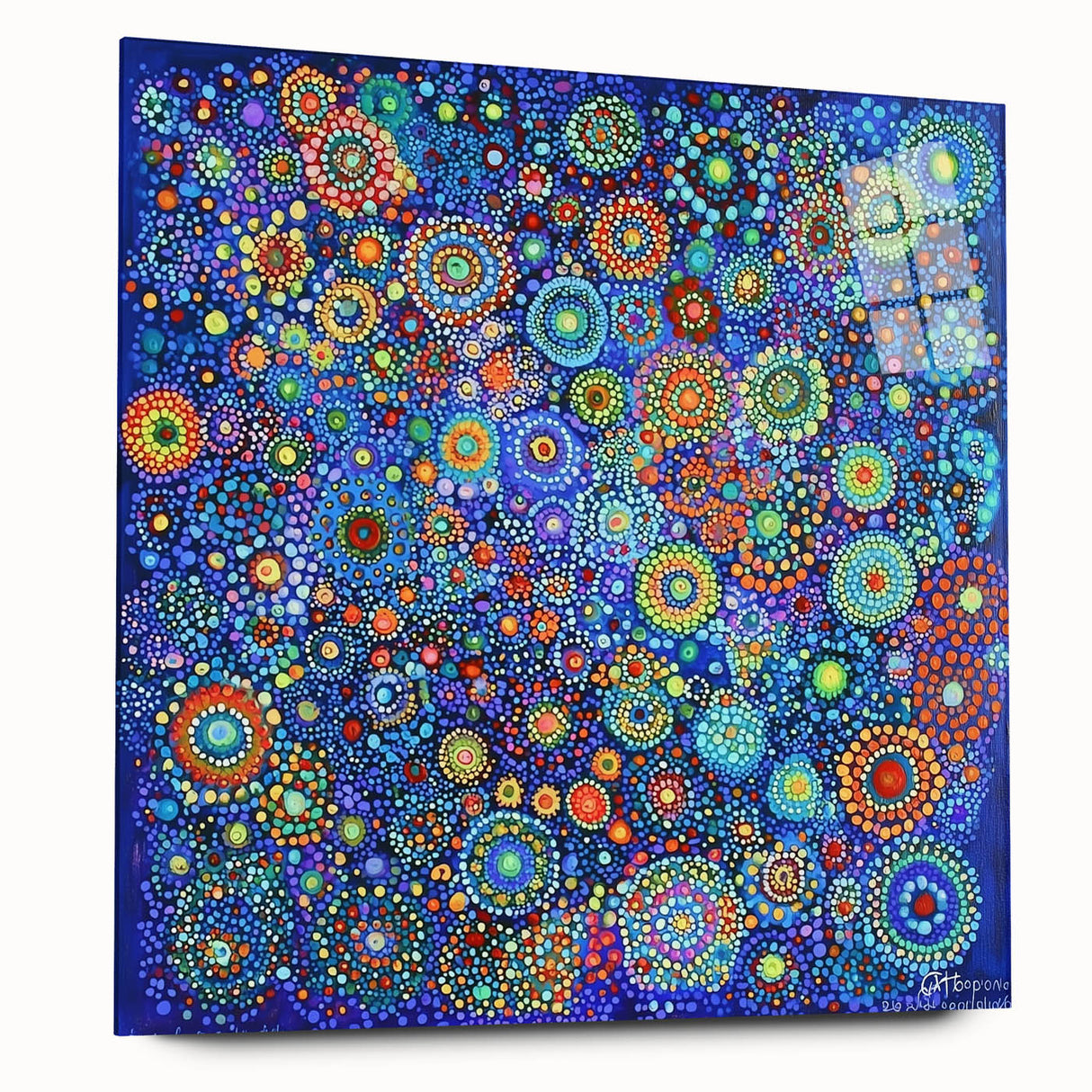 Abstract acrylic glass artwork showcasing colorful, flowing strokes in vibrant hues of blue, orange, and green, designed for modern decor.