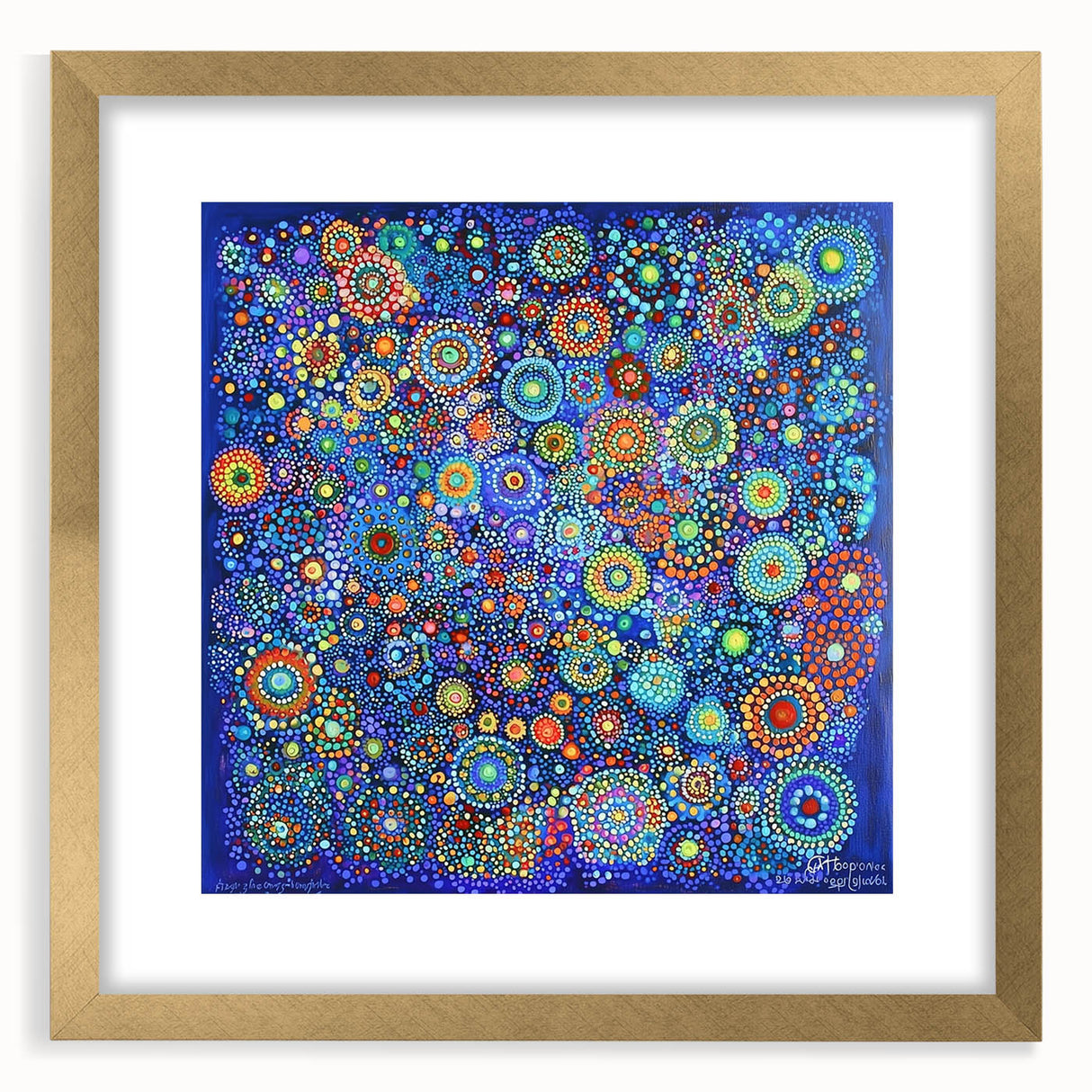 Abstract art frame with gold matting, featuring vibrant strokes in multiple colors, perfect for modern decor. Ideal for enhancing any living space or office.