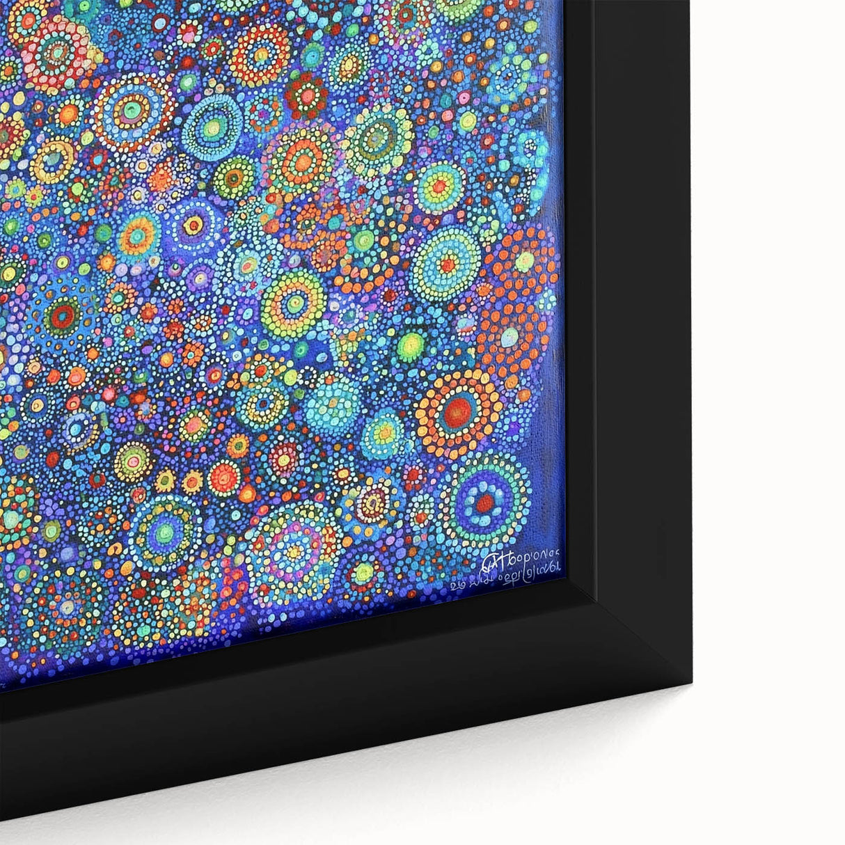 Close-up of an abstract strokes framed canvas artwork showcasing vibrant colors like teal, gold, and coral, perfect for modern home decor.