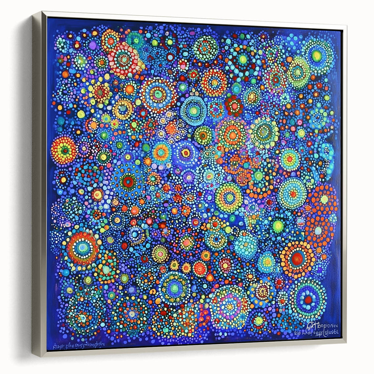 Framed abstract strokes canvas art in silver, showcasing vibrant colors and dynamic patterns. Ideal for modern home decor, highlighting artistic flair and sophistication.
