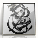 Framed acrylic artwork featuring abstract silver strokes on a sleek black background, designed to enhance modern interior decor with a contemporary flair.
