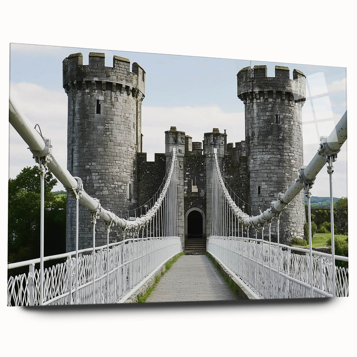 Acrylic glass artwork showcasing a detailed landscape of a castle, viewed from the side. The vibrant colors and intricate designs highlight the artistic craftsmanship, perfect for home decor.