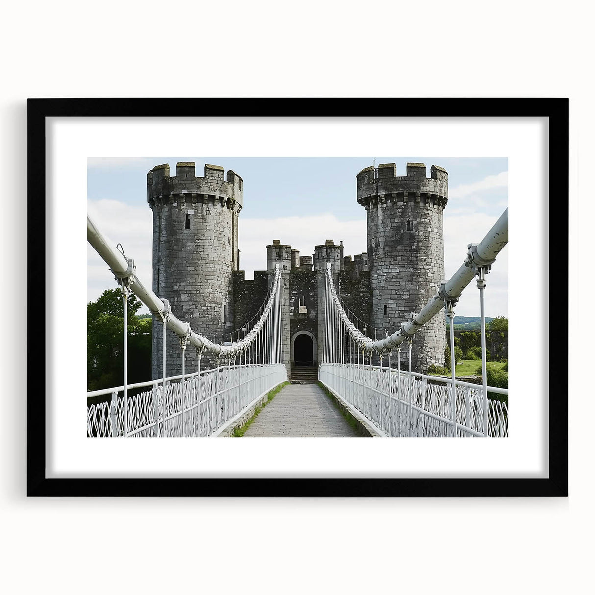 Framed landscape artwork depicting a serene castle scene with a black mat border, perfect for home decor or office settings, showcasing elegance and tranquility.
