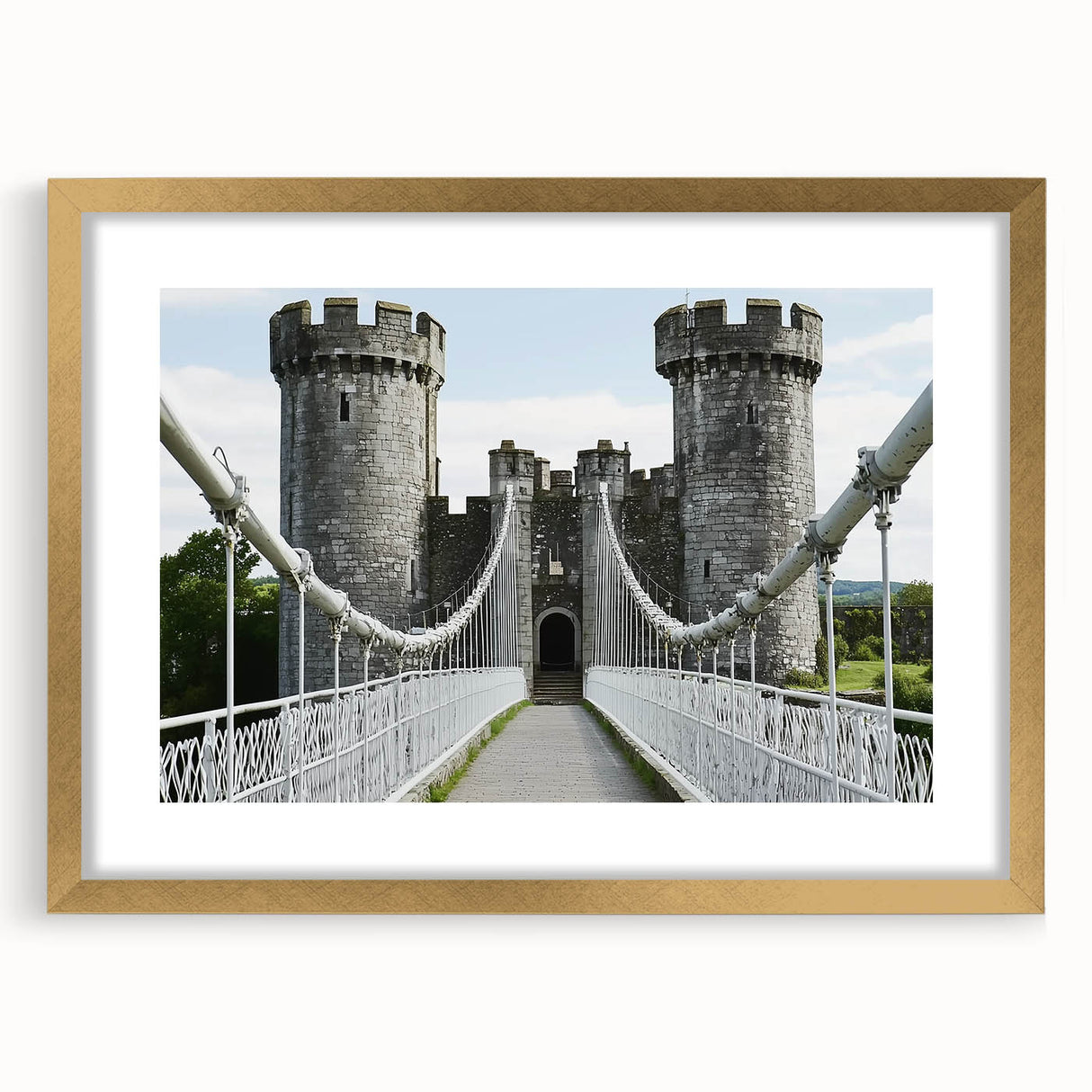 Elegant gold-framed landscape artwork showcasing a majestic castle surrounded by lush greenery, perfect for home decor or gallery display, highlighting intricate details and vibrant colors.