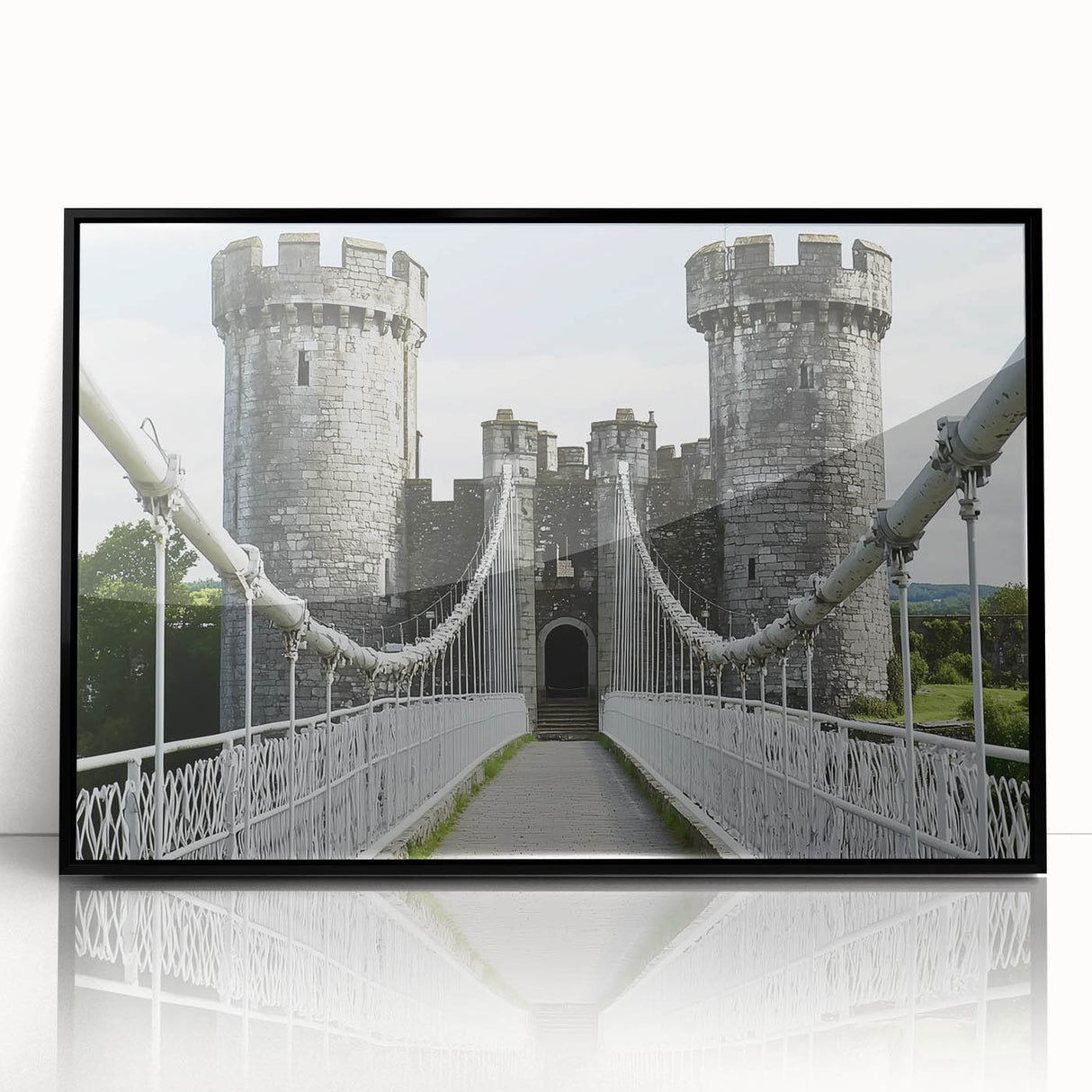 Framed acrylic artwork depicting a stunning landscape with a castle, set against a vibrant sky, showcasing intricate details and rich colors perfect for home decor.