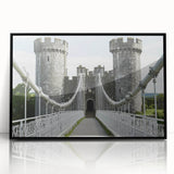 Framed acrylic artwork depicting a stunning landscape with a castle, set against a vibrant sky, showcasing intricate details and rich colors perfect for home decor.