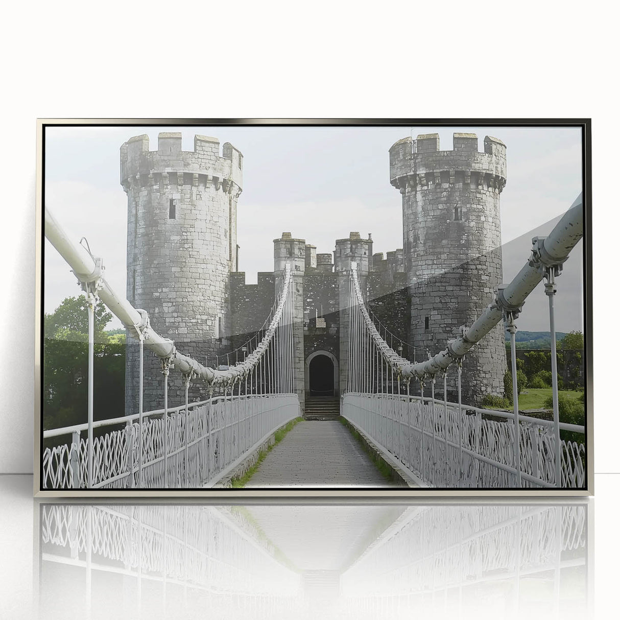 Framed acrylic wall art showcasing a stunning landscape with a castle, featuring silver accents and a detailed front view, perfect for home decor enthusiasts.