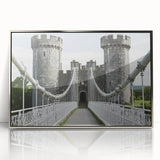 Framed acrylic wall art showcasing a stunning landscape with a castle, featuring silver accents and a detailed front view, perfect for home decor enthusiasts.