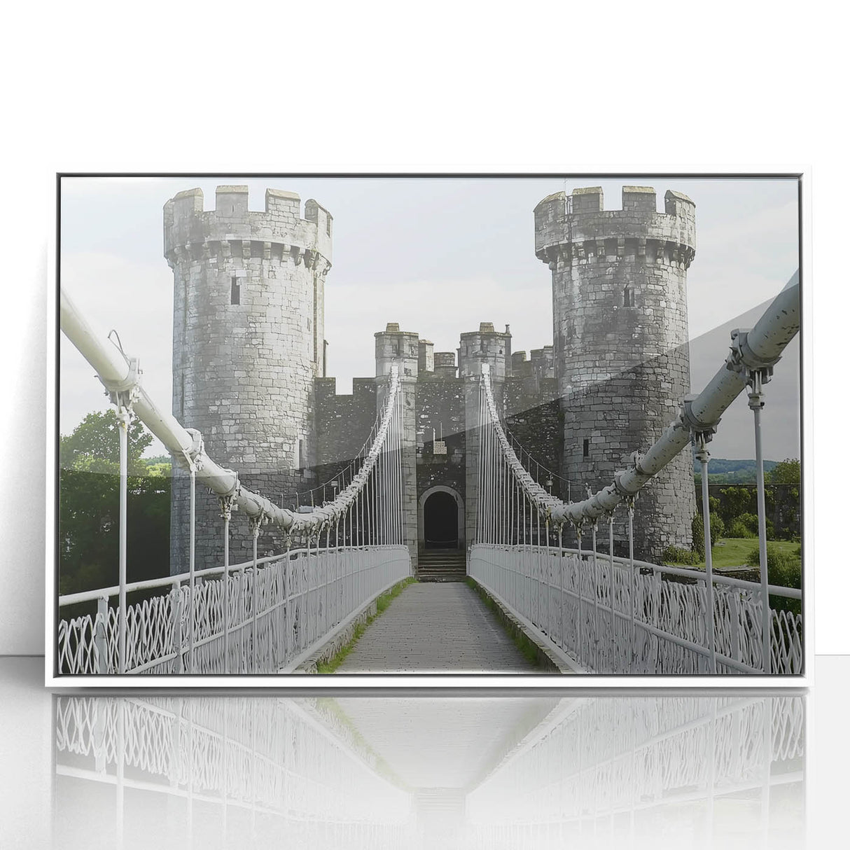 Framed acrylic artwork depicting a picturesque landscape with a majestic castle, featuring vibrant colors and intricate details, ideal for enhancing home decor.
