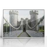 Framed acrylic artwork depicting a picturesque landscape with a majestic castle, featuring vibrant colors and intricate details, ideal for enhancing home decor.