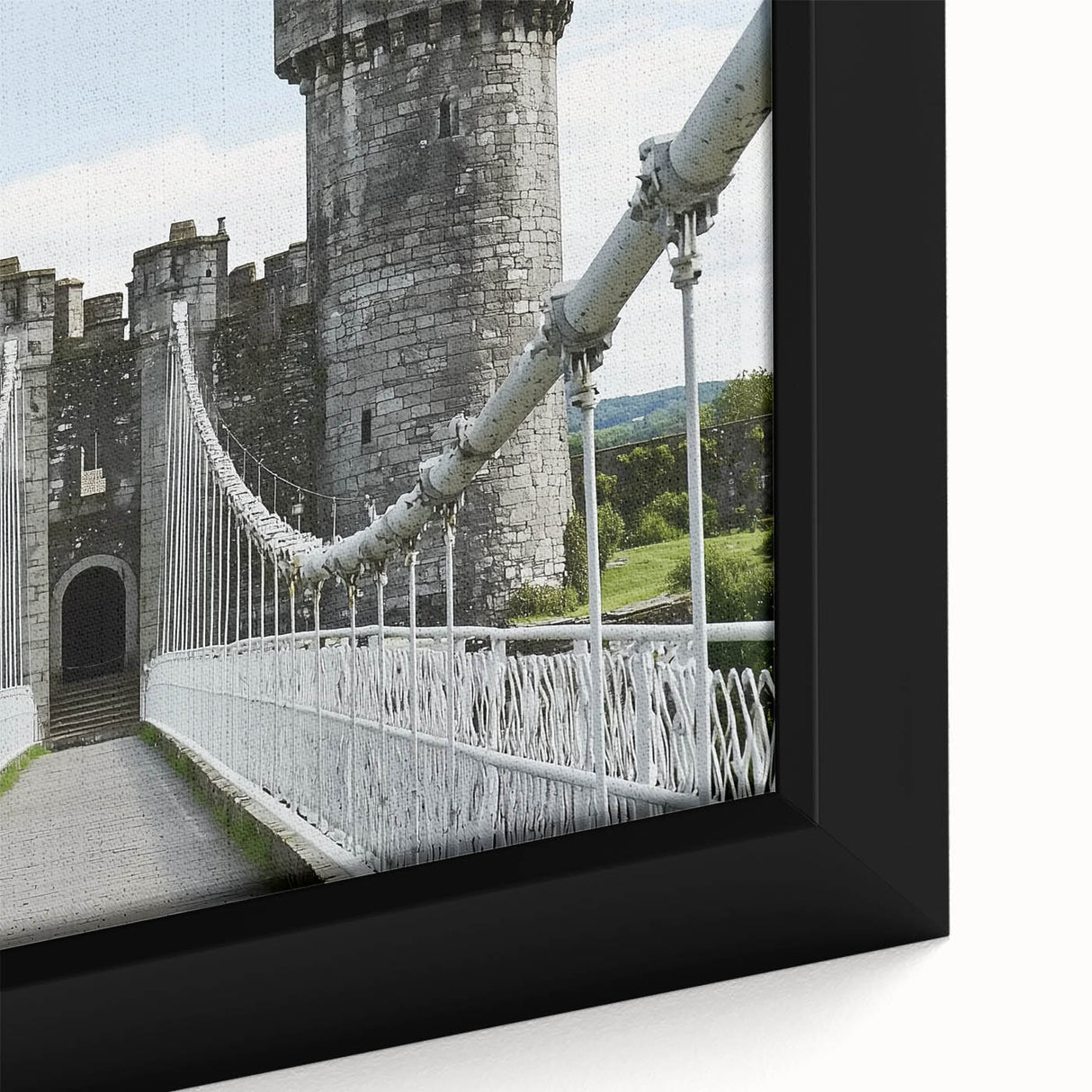 Framed canvas artwork showcasing a detailed landscape of a majestic castle surrounded by lush greenery, ideal for enhancing home decor with a touch of elegance.