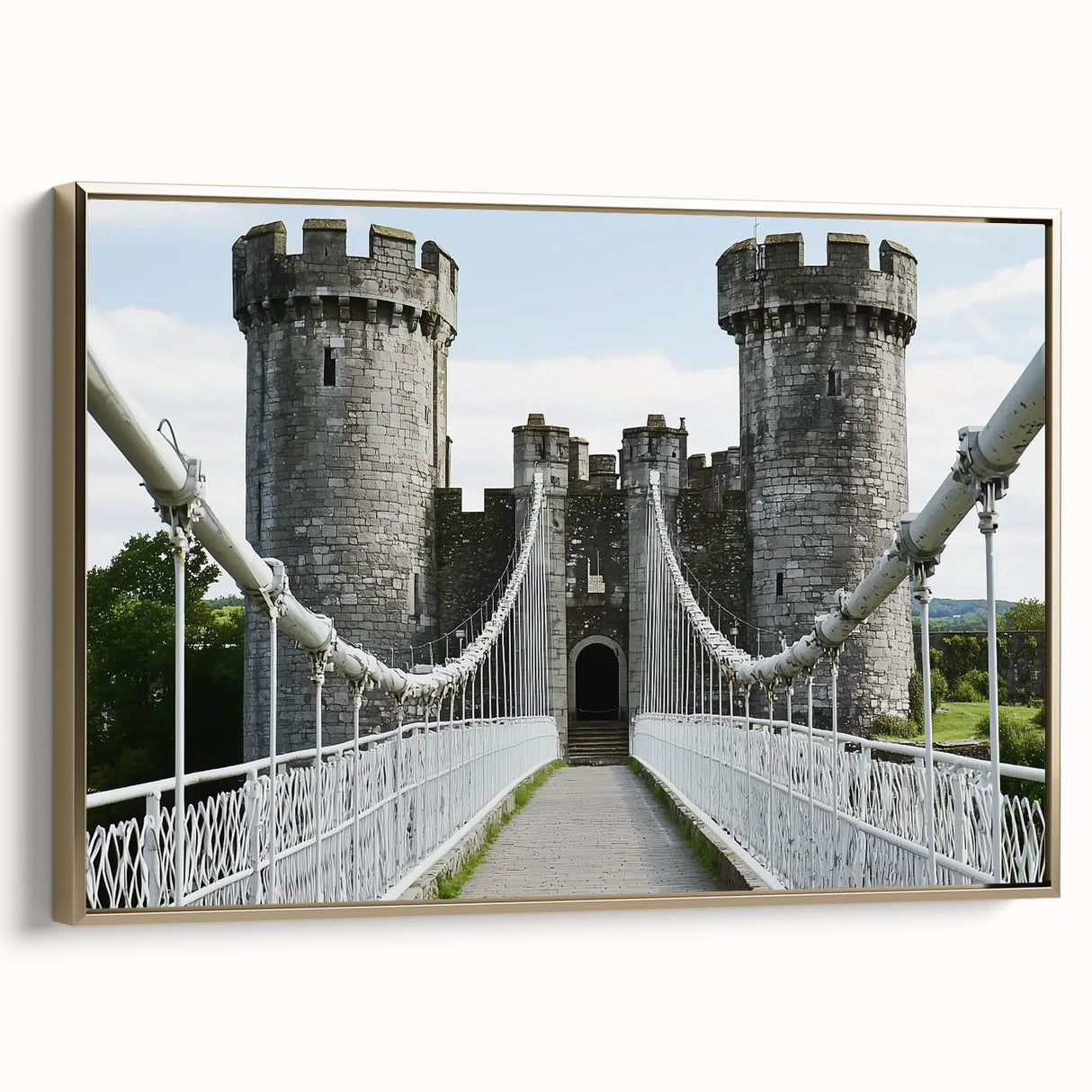Framed canvas artwork showcasing a picturesque landscape with a majestic castle, highlighted by a gold frame, ideal for enhancing home decor and creating an elegant ambiance.