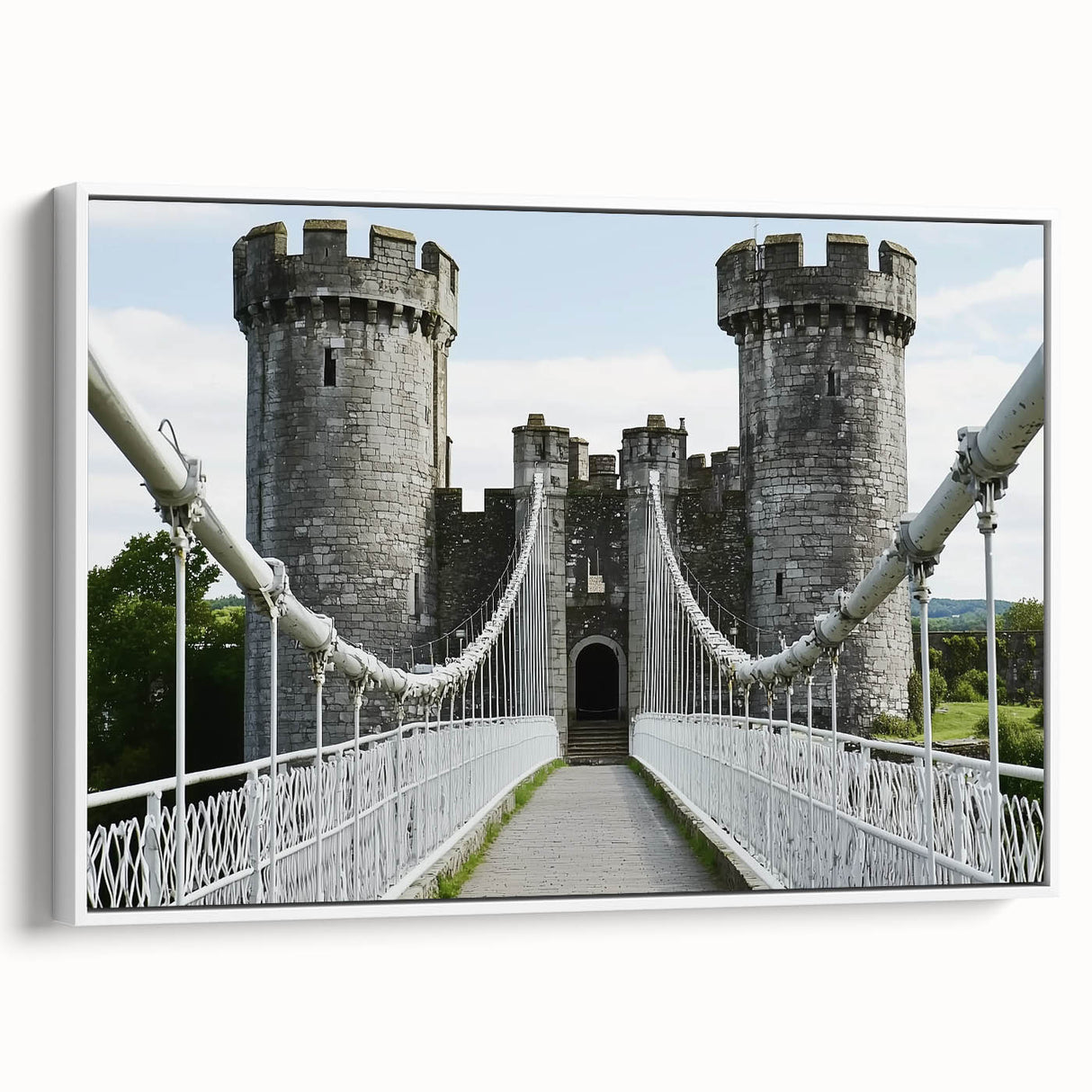 Framed canvas artwork depicting a stunning landscape with a castle, showcasing vivid colors and intricate details, perfect for home decor enthusiasts.