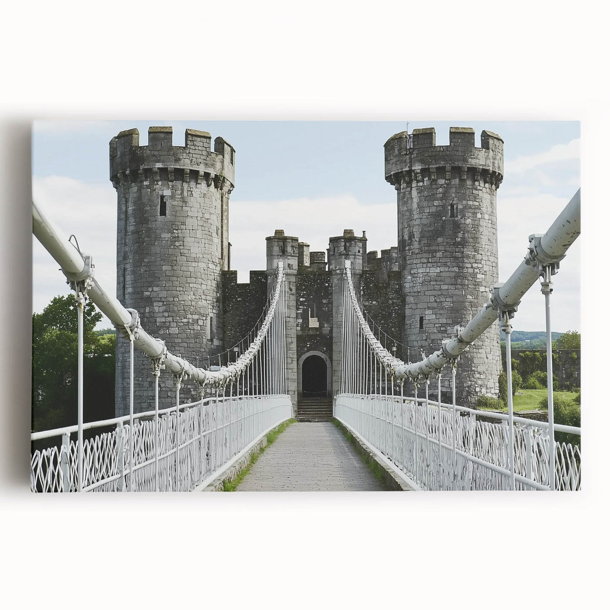 Stretched canvas artwork depicting a stunning landscape with a majestic castle, surrounded by lush greenery and vibrant skies, perfect for home decor.
