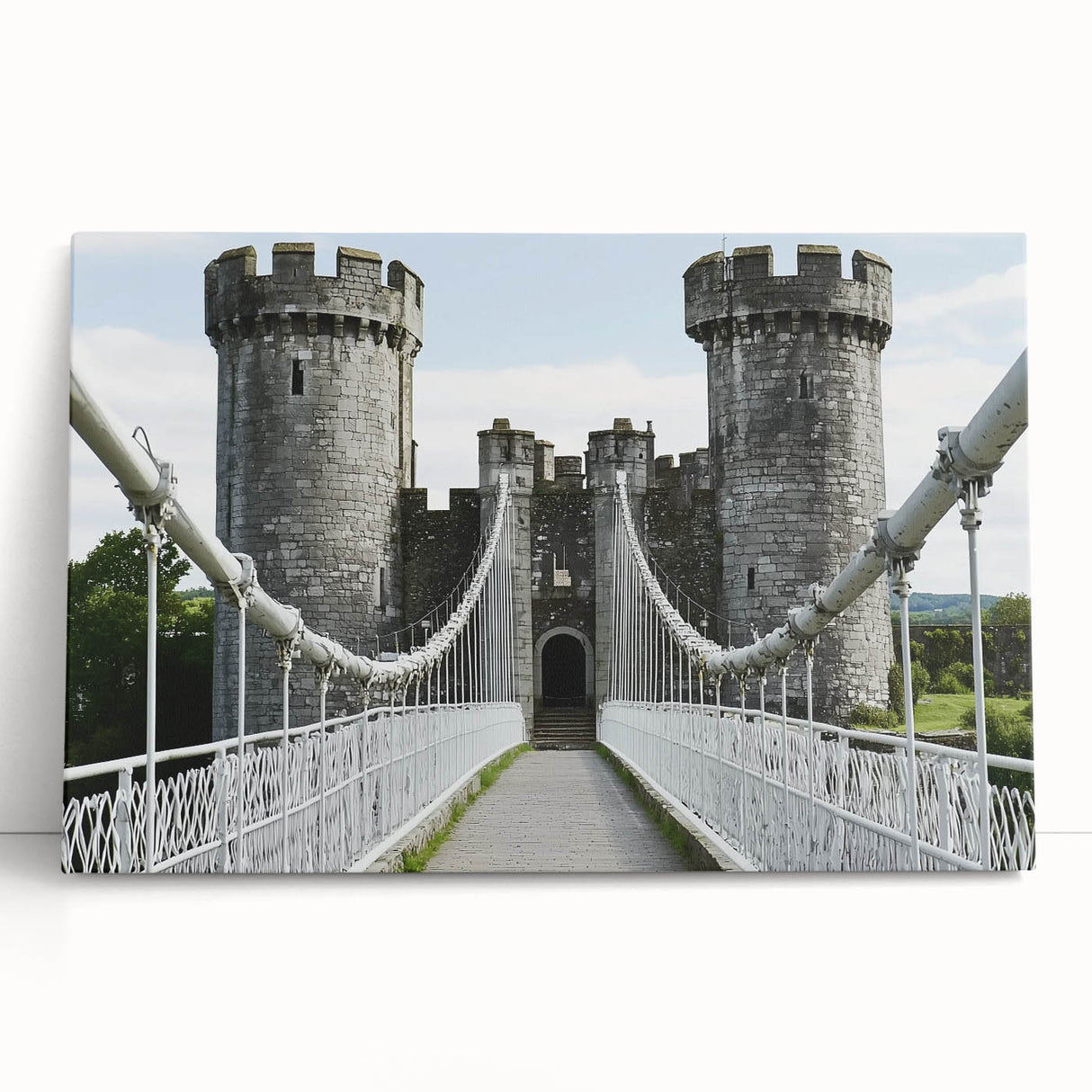 Stretched canvas artwork showcasing a vibrant landscape with a majestic castle, featuring rich colors and intricate details, ideal for home decor or gallery display.