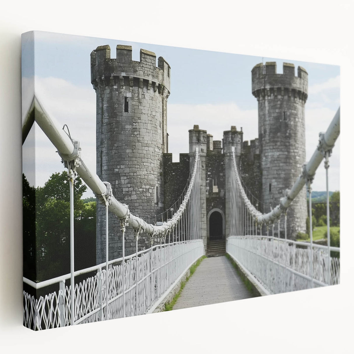 Stretched canvas artwork depicting a vibrant landscape with a majestic castle, showcasing lush greenery and a clear blue sky, ideal for home decor.