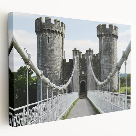 Stretched canvas artwork depicting a vibrant landscape with a majestic castle, showcasing lush greenery and a clear blue sky, ideal for home decor.