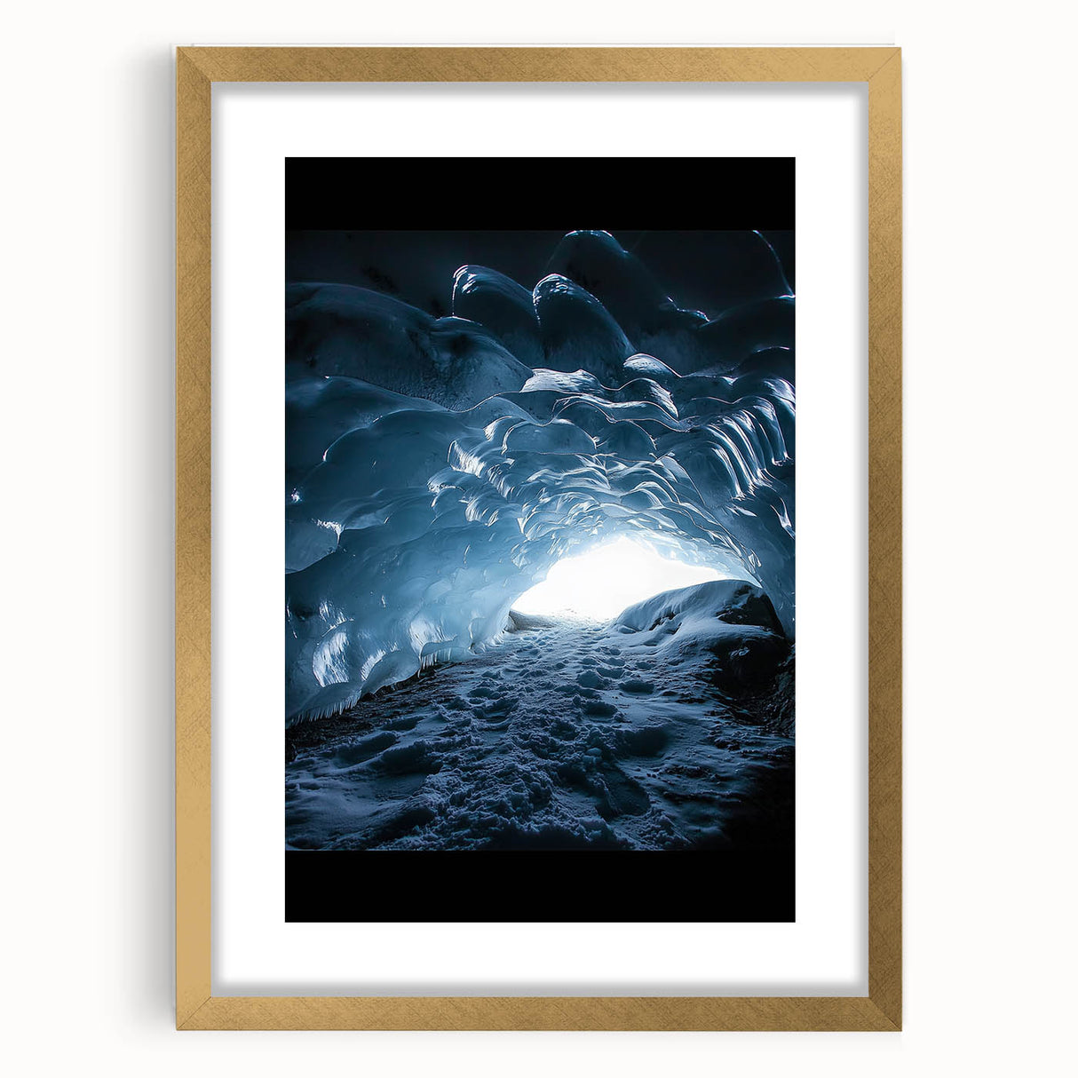 Elegant gold-framed landscape artwork depicting a serene cave scene, showcasing rich colors and intricate details, perfect for home decor or office settings.