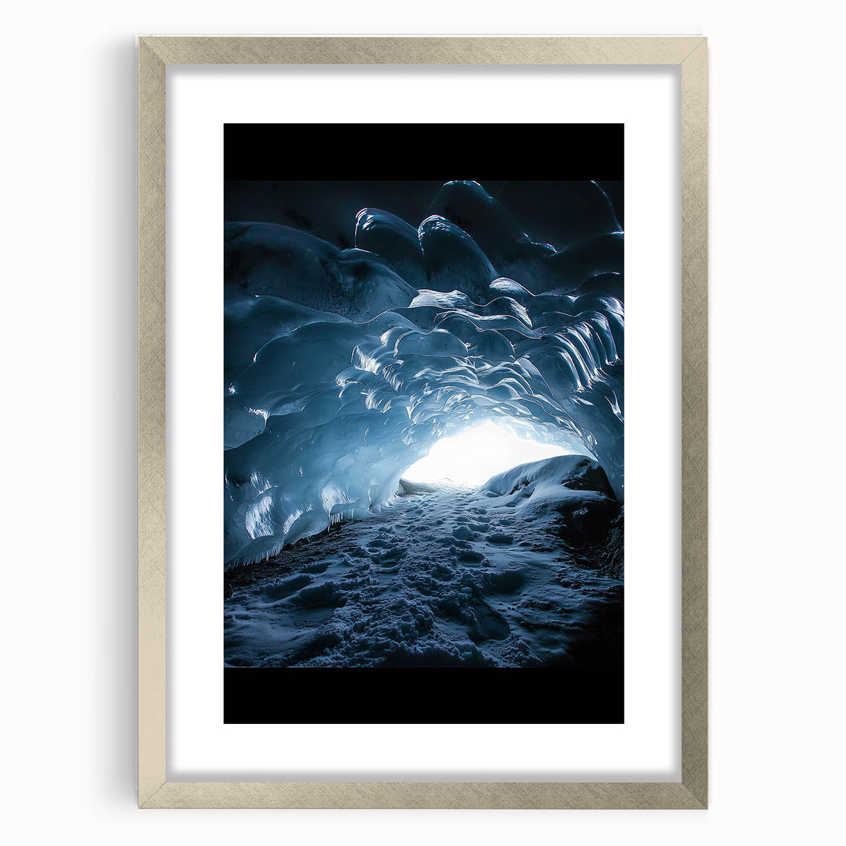 Framed silver landscape art print depicting a serene cave scene with a mat border, ideal for home decor and modern interior design. The artwork showcases rich textures and earthy tones, enhancing any living space.