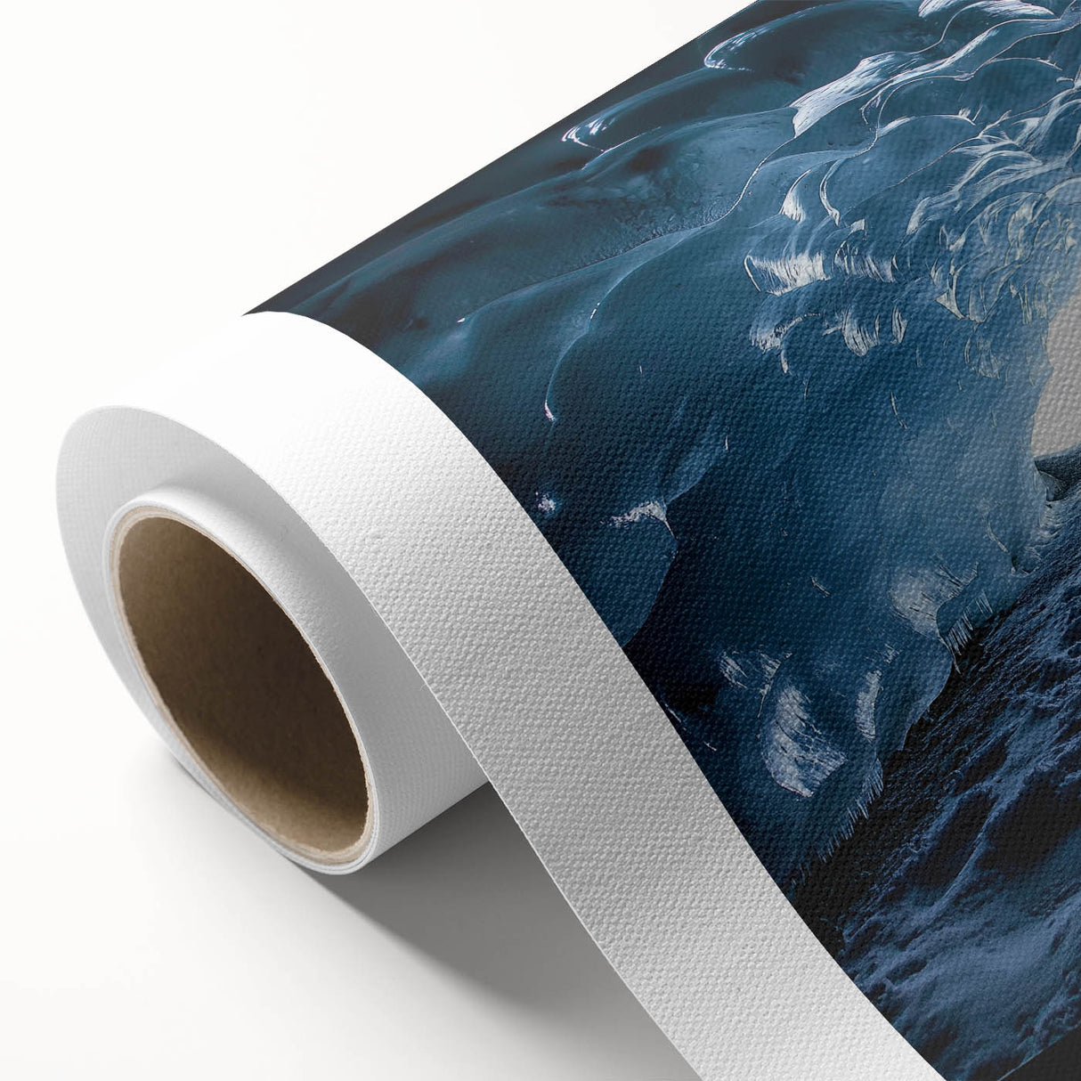 Rolled canvas showcasing a stunning landscape scene featuring intricate cave formations and vibrant colors, elegantly packaged in a protective cardboard tube for safe delivery. Perfect for enhancing home decor with nature-inspired art.