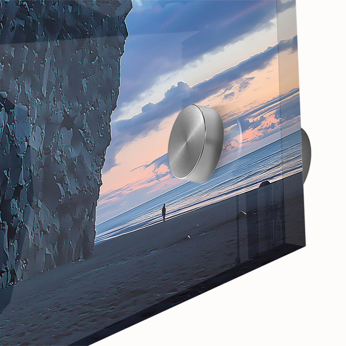 Close-up of a stunning acrylic glass artwork depicting vibrant landscapes with dramatic cliffs, showcasing intricate details and vivid colors that enhance any decor.