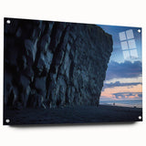 Acrylic-glass landscape artwork featuring dramatic cliffs and vibrant colors, showcased in a side view with pins for secure mounting, ideal for modern decor.