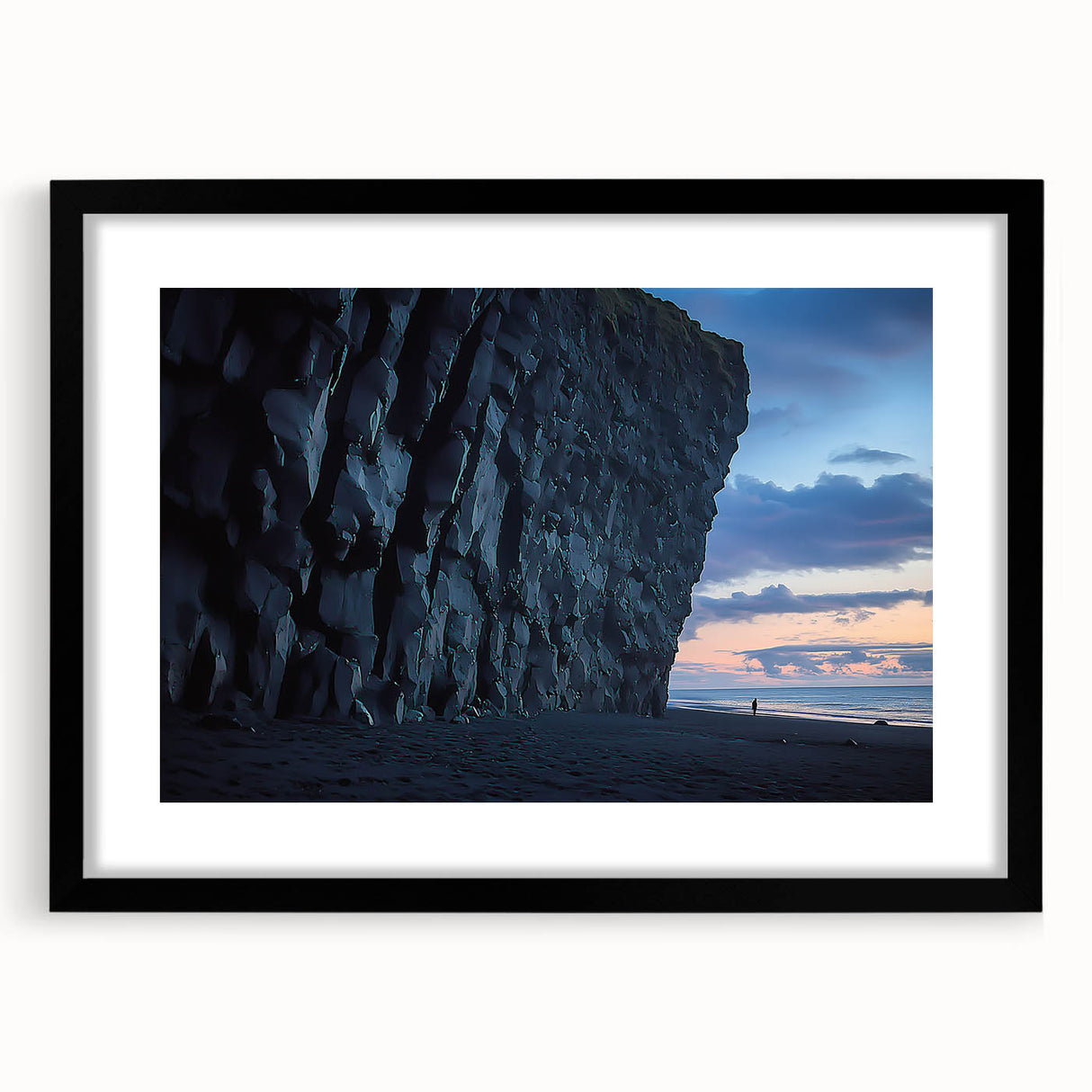 Framed black landscape artwork depicting dramatic cliffs, featuring a sleek mat for an elegant finish, ideal for enhancing modern home decor.