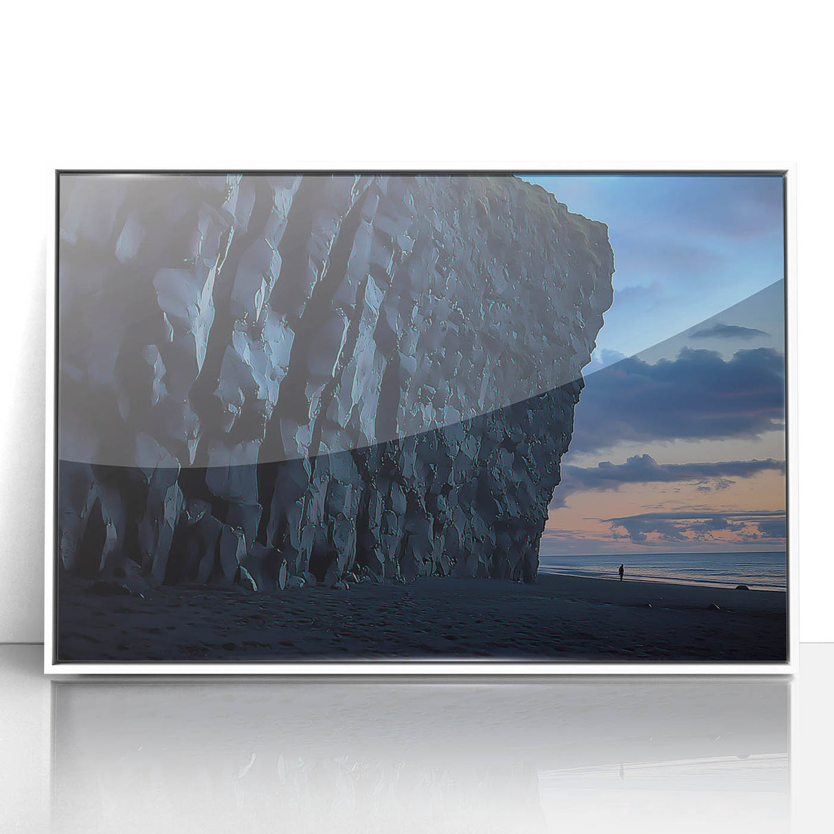 Framed acrylic artwork showcasing a stunning landscape of cliffs against a vibrant sunset, featuring rich colors and intricate details, perfect for home decor.