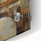 Close-up of abstract architectural wall art featuring geometric shapes and vibrant colors, rendered on acrylic glass, ideal for modern interior decor.